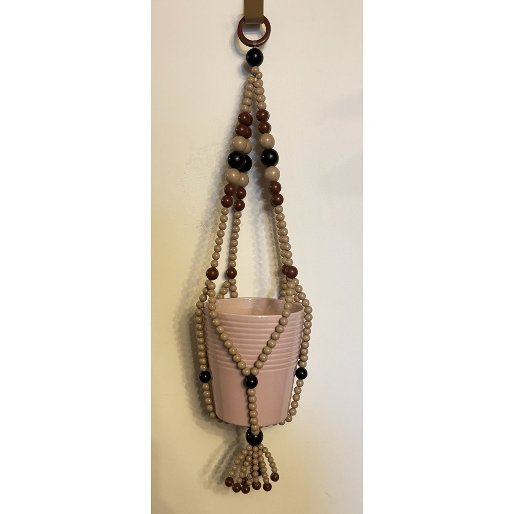 Vintage 70's Plastic Beaded Plant Pot Hanger Holder Earth Tones Pot Not Included